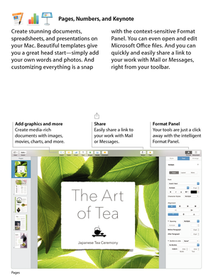 Page 19Pages, Numbers, and Keynote
Format Panel
Your tools are just a click 
away with the intelligent 
Format Panel.
Pages
Create stunning documents, spreadsheets, and presentations on 
your Mac. Beautiful templates give 
you a great head start—simply add 
your own words and photos. And 
customizing everything is a snap with the context-sensitive Format 
Panel. You can even open and edit 
Microsoft Office files. And you can 
quickly and easily share a link to 
your work with Mail or Messages, 
right from your...