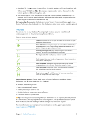 Page 7 Chapter 1    MacBook Pro at a glance 7
 •Mute key (F10): Press  to mute the sound from the built-in speakers or 3.5 mm headphone jack.
 •Volume keys (F11, F12): Press  or  to increase or decrease the volume of sound from the 
built-in speakers or 3.5 mm headphone jack.
 •Function (Fn) key: Each function key (on the top row) can also perform other functions—for 
example, the F12 key can open Dashboard. Hold down the Fn key while you press a function 
key to trigger the action associated with the key.
Set...