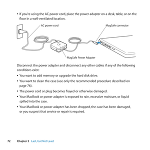 Page 7272Chapter 5      Last, but Not Least
	
ÂIf	you’re	using	the	AC	power	cord, 	place	the	power	adapter	on	a	desk, 	table,	or	on	the	
floor	in	a	well-ventilated	location.
MagSaf e connec tor
MagSafe Power  Adapte r
AC power cord  
Disconnect	the	power	adapter	and	disconnect	any	other	cables	if	any	of	the	following	
conditions	exist:
	
ÂYou	want	to	add	memory	or	upgrade	the	hard	disk	drive.
	
ÂYou	want	to	clean	the	case	(use	only	the	recommended	procedure	described	on	
page	76).
	
ÂThe	power	cord	or	plug...