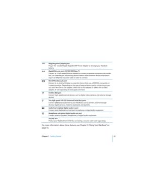 Page 21Chapter 1   Getting Started21
 
For more information about these features, see Chapter 3, “Using Your MacBook,” on 
page 53.
¯MagSafe power adapter port
Plug in the included Apple MagSafe 60W Power Adapter to recharge your MacBook 
battery.
GGigabit Ethernet port (10/100/1000 Base-T )
Connect to a high-speed Ethernet network or connect to another computer and transfer 
files. The Ethernet port autosensing feature detects other Ethernet devices and doesn’t 
require an Ethernet crossover cable in order to...