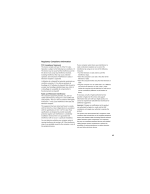 Page 6565
Regulatory Compliance Information
FCC Compliance StatementThis device complies with part 15 of the FCC rules. Operation is subject to the following two conditions:  (1) This device may not cause harmful interference, and (2) this device must accept any interference received, including interference that may cause undesired operation. See instructions if interference to radio or television reception is suspected.
L‘utilisation de ce dispositif est autorisée seulement aux conditions suivantes: (1) il ne...