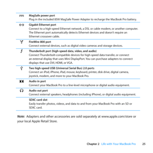 Page 2525
Chapter 2      Life with Your MacBook Pro
¯MagSafe power port
Plug	in	the	included	85W	MagSafe	Power	Adapter	to	recharge	the	MacBook	Pro	battery.
GGigabit Ethernet port
Connect	to	a	high-speed	Ethernet	network, 	a	DSL	or	cable	modem,	or	another	computer.	
The	Ethernet	port	automatically	detects	Ethernet	devices	and	doesn’t	require	an	
Ethernet	crossover	cable.
HFireWire 800 port
Connect	external	devices, 	such	as	digital	video	cameras	and	storage	devices. 	
Thunderbolt port (high-speed data, video,...