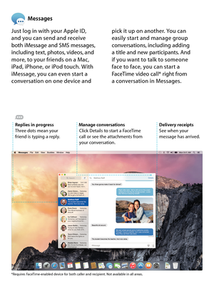 Page 14Just log in with your Apple ID,  
and you can send and receive  
both iMessage and SMS messages, 
including text, photos, videos, and 
more, to your friends on a Mac,  
iPad, iPhone, or iPod touch. With 
iMessage, you can even start a 
conversation on one device and  pick it up on another. You can  
easily start and manage group 
conversations, including adding  
a title and new participants. And 
 
if you want to talk to someone  
face to face, you can start a 
FaceTime video call* right from   
a...