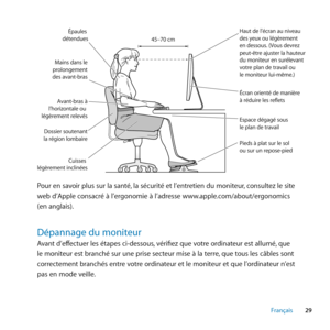 Page 2929
Français
Cuisses 
légèrement inclinées Épaules 
détendues
Écran \frienté de manière
à réduire les reflets
Mains dans le
pr\fl\fngement
des a\bant-bras
A\bant-bras  à
l’h\friz\fntale \fu 
légèrement rele\bés
D\fssier s\futenant
la régi\fn l\fmbaire Pieds à plat sur le s\fl
\fu sur un rep\fse-pied
Haut de l’écran au ni\beaudes yeux \fu légèrement 
en dess\fus. (V\fus de\brez
peut-être ajuster la hauteur du m\fniteur en suréle\bant 
\b\ftre plan de tra\bail \fu 
le m\fniteur lui-même.)
Espace dégagé...