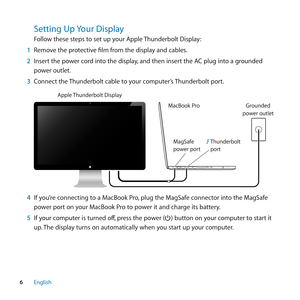 Page 66English
Setting﻿Up﻿ Your﻿Display
Follow these steps to set up your Apple Thunderbolt Display:
1  Remove the protective film from the display and cables.
2  Insert the power cord into the display, and then insert the AC plug into a grounded 
power outlet.
3  Connect the Thunderbolt cable to your computer’s Thunderbolt port. 
Apple  Thunderbolt Displa y
\facBook \bro
\fagSaf e
power po rt Grounded
power outlet
Thunderbolt
port
4  If you’re connecting to a MacBook Pro, plug the MagSafe connector into the...