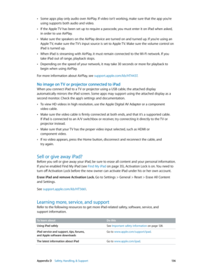 Page 136 Appendix D    Safety, Handling, & Support 13 6
 •Some apps play only audio over AirPlay. If video isn’t working, make sure that the app you’re 
using supports both audio and video.
 •If the Apple TV has been set up to require a passcode, you must enter it on iPad when asked, 
in order to use AirPlay.
 •Make sure the speakers on the AirPlay device are turned on and turned up. If you’re using an 
Apple TV, make sure the TV’s input source is set to Apple TV. Make sure the volume control on 
iPad is turned...