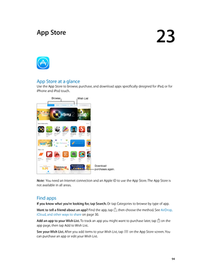 Page 9423
  94
App Store
App Store at a glance
Use the App Store to browse, purchase, and download apps specifically designed for iPad, or for 
iPhone and iPod touch. 
BrowseWish List  
Download 
purchases again.
Note:  You need an Internet connection and an Apple ID to use the App Store. The App Store is 
not available in all areas.
Find apps
If you know what you’re looking for, tap Search. Or tap Categories to browse by type of app.
Want to tell a friend about an app? Find the app, tap 
, then choose the...