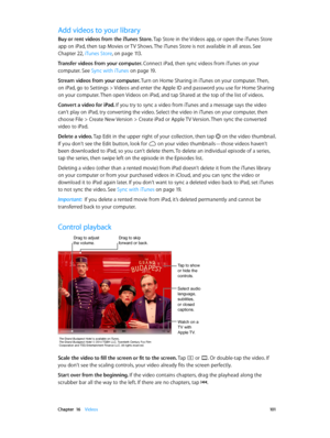 Page 101 Chapter  16    Videos 101
Add videos to your library
Buy or rent videos from the iTunes Store. Tap Store in the Videos app, or open the iTunes Store 
app on iPad, then tap Movies or TV Shows. The iTunes Store is not available in all areas. See 
Chapter 22, iTunes Store, on page 11 3.
Transfer videos from your computer. Connect iPad, then sync videos from iTunes on your 
computer. See Sync with iTunes
 on page 19 .
Stream videos from your computer. Turn on Home Sharing in iTunes on your computer. Then,...