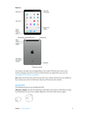 Page 9 Chapter  1    iPad at a glance 9
iPad Air 2
Multi-Touch
display
FaceTime
HD camera
Home 
button/
Touch ID 
sensor
App icons
Status bar
Lightning connector
Sleep/ Wake button
iSight
camera
Volume
buttons
Nano-SIM 
tray (cellular 
models)
Headset jack
Speakers
Microphones
Your features and apps may vary depending on the model of iPad you have, and on your 
location, language, and carrier. To find out which features are supported in your area, see 
www.apple.com/ios/feature-availability/.
Note:  Apps and...