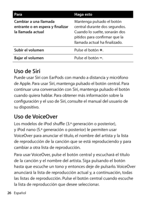 Page 26Español
26
Para Haga esto
Cambiar a una llamada 
entrante o en espera y finalizar 
la llamada actual Mantenga pulsado el botón 
central durante dos segundos. 
Cuando lo suelte, sonarán dos 
pitidos para confirmar que la 
llamada actual ha finalizado.
Subir el volumen Pulse el botón ∂.
Bajar el volumen Pulse el botón D.
Uso de SiriPuede usar Siri con EarPods con mando a distancia y micrófono 
de Apple. Para usar Siri, mantenga pulsado el botón central. Para 
continuar una conversación con Siri, mantenga...