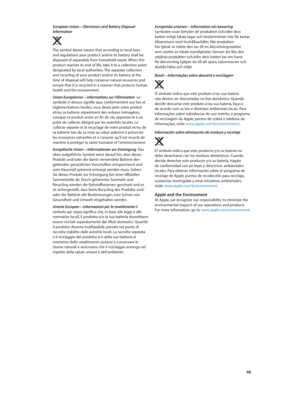 Page 68European Union—Electronics and Battery Disposal 
Information
The symbol above means that according to local laws and regulations your product and/or its battery shall be 
disposed of separately from household waste. When this 
product reaches its end of life, take it to a collection point 
designated by local authorities. The separate collection 
and recycling of your product and/or its battery at the 
time of disposal will help conserve natural resources and 
ensure that it is recycled in a manner that...