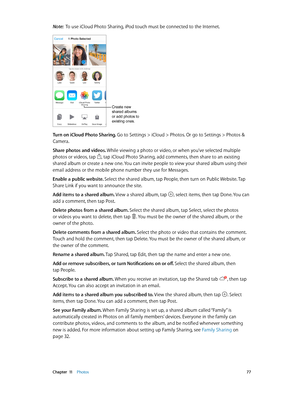 Page 77 Chapter  11    Photos 77
Note:  To use iCloud Photo Sharing, iPod touch must be connected to the Internet.
Create new 
shared albums 
or add photos to 
existing ones.
Turn on iCloud Photo Sharing. Go to Settings > iCloud > Photos. Or go to Settings > Photos & 
Camera.
Share photos and videos. While viewing a photo or video, or when you’ve selected multiple 
photos or videos, tap 
, tap iCloud Photo Sharing, add comments, then share to an existing 
shared album or create a new one. You can invite people...