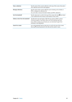 Page 117View a collectionTap the name of the current collection at the top of the screen, then pick a 
new collection from the list that appears.
Manage collections Tap the name of the current collection you’re viewing, such as Books or 
PDFs, to display the collections list.
You can’t edit or remove the built-in Books and PDFs collections. 
Sort the bookshelf Tap the status bar to scroll to the top of the screen, then tap 
 and select 
a sort method from the choices at the bottom of the screen.
Delete an item...