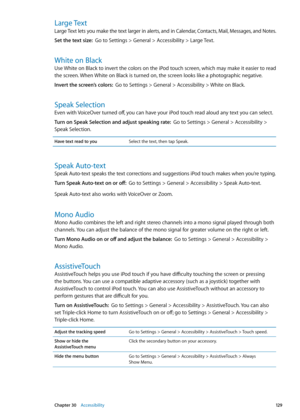 Page 129Large Text
Large Text lets you make the text larger in alerts, and in Calendar, Contacts, Mail, Messages, and Notes.
Set the text size:  Go to Settings > General > Accessibility > Large Text.
White on Black
Use White on Black to invert the colors on the iPod touch screen, which may make it easier to read 
the screen. When White on Black is turned on, the screen looks like a photographic negative.
Invert the screen’s colors:   Go to Settings > General > Accessibility > White on Black.
Speak Selection
Even...