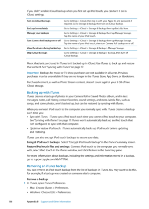 Page 136If you didn't enable iCloud backup when you first set up iPod touch, you can turn it on in  
iCloud settings.
Turn on iCloud backupsGo to Settings > iCloud, then log in with your Apple ID and password, if 
required. Go to Storage & Backup, then turn on iCloud Backup.
Back up immediately Go to Settings > iCloud > Storage & Backup, then tap Back Up Now.
Manage your backups Go to Settings > iCloud > Storage & Backup, then tap Manage Storage.   
Tap the name of your iPod touch.
Turn Camera Roll backup on...