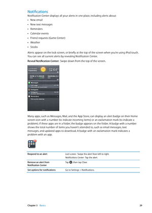 Page 29Notifications
Notification Center displays all your alerts in one place, including alerts about:New email
 Â
New text messages Â
Reminders Â
Calendar events Â
Friend requests (Game Center) Â
Weather Â
Stocks Â
Alerts appear on the lock screen, or briefly at the top of the screen when you’re using iPod touch. 
You can see all current alerts by revealing Notification Center.
Reveal Notification Center:   Swipe down from the top of the screen.
Many apps, such as Messages, Mail, and the App Store, can...