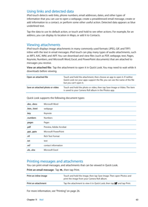 Page 63Using links and detected data
iPod touch detects web links, phone numbers, email addresses, dates, and other types of 
information that you can use to open a webpage, create a preaddressed email message, create or 
add information to a contact, or perform some other useful action. Detected data appears as blue 
underlined text. 
Tap the data to use its default action, or touch and hold to see other actions. For example, for an 
address, you can display its location in Maps, or add it to Contacts.
Viewing...