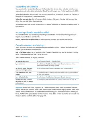 Page 75Subscribing to calendars
You can subscribe to calendars that use the iCalendar (.ics) format. Many calendar-based services 
support calendar subscriptions, including iCloud, Yahoo!, Google, and the iCal application in OS X.
Subscribed calendars are read-only. You can read events from subscribed calendars on iPod touch, 
but you can’t edit them or create new events.
Subscribe to a calendar:  Go to Settings > Mail, Contacts, Calendars, then tap Add Account. Tap 
Other, then tap Add Subscribed Calendar.
You...