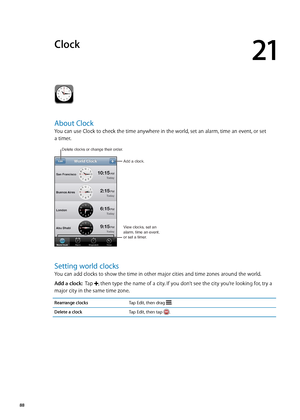 Page 88Clock
21
About Clock
You can use Clock to check the time anywhere in the world, set an alarm, time an event, or set  
a timer.
Add a clock.
View clocks, set an
alarm, time an event,
or set a timer.
Delete clocks or change their order.
Setting world clocks
You can add clocks to show the time in other major cities and time zones around the world.
Add a clock:   Tap , then type the name of a city. If you don’t see the city you’re looking for, try a 
major city in the same time zone.
Rearrange clocksTap...