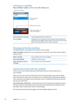 Page 92Listening to a recording
Play a recording:  Tap , tap a memo, then tap . Tap  to pause.
Trim or relabel the 
recording.
Attach the recording to an 
email or text message.
Drag to skip to any point.
Listen to the recording.
Skip to any point in a recordingDrag the playhead along the scrubber bar.
Trim a recording Tap 
 next to the recording, then tap Trim Memo. Drag the edges of the 
audio region, then tap  to preview. Adjust if necessary, then tap Trim Voice 
Memo to save. The portions you trim can’t be...