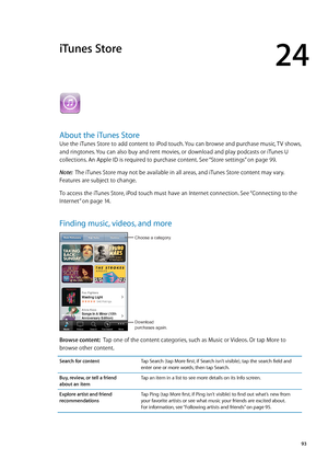 Page 93iTunes Store
24
About the iTunes Store
Use the iTunes Store to add content to iPod touch. You can browse and purchase music, TV shows, 
and ringtones. You can also buy and rent movies, or download and play podcasts or iTunes U 
collections. An Apple ID is required to purchase content. See “Store settings
” on page 99 .
Note:   The iTunes Store may not be available in all areas, and iTunes Store content may vary. 
Features are subject to change.
To access the iTunes Store, iPod touch must have an Internet...