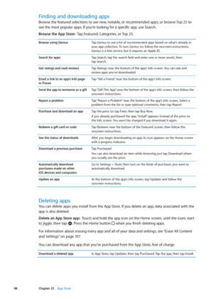 Page 98Finding and downloading apps
Browse the featured selections to see new, notable, or recommended apps, or browse Top 25 to 
see the most popular apps. If you’re looking for a specific app, use Search.
Browse the App Store:  Tap Featured, Categories, or Top 25.
Browse using GeniusTap Genius to see a list of recommended apps based on what’s already in 
your app collection. To turn Genius on, follow the onscreen instructions. 
Genius is a free service, but it requires an Apple ID. 
Search for apps Tap...