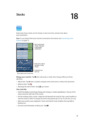 Page 7818
  78
Stocks
Keep track of your stocks, see the change in value over time, and get news about 
your investments.
Note:  To use Stocks, iPod touch must be connected to the Internet. See Connecting to the 
Internet
 on page 13 .
Tap to see percent 
change. Tap again 
to see market 
capitalization.
Customize your 
stock list.
Go to yahoo.com for more info.
Swipe left or right to 
see stats or news 
articles.
Manage your stock list:  Tap , then add stocks or make other changes. When you finish, 
tap Done....