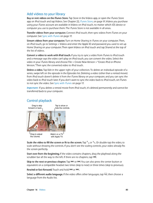 Page 80 Chapter  16    Videos 80
Add videos to your library
Buy or rent videos on the iTunes Store. Tap Store in the Videos app, or open the iTunes Store 
app on iPod touch and tap Videos. See Chapter 22, iTunes Store, on page 91. Videos you purchase 
using your iTunes account are available in Videos on iPod touch, no matter which iOS device or 
computer you use to purchase them. The iTunes Store is not available in all areas.
Transfer videos from your computer. 
Connect iPod touch, then sync videos from iTunes...