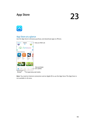 Page 10223
  10 2
App Store
App Store at a glance
Use the App Store to browse, purchase, and download apps to iPhone.
View purchases 
and updates.
BrowseFind apps being used nearby.
See your Wish List.
Note:  You need an Internet connection and an Apple ID to use the App Store. The App Store is 
not available in all areas.
View purchases 
and updates. 
Browse 
Find apps being used nearby. 
See your Wish List.  