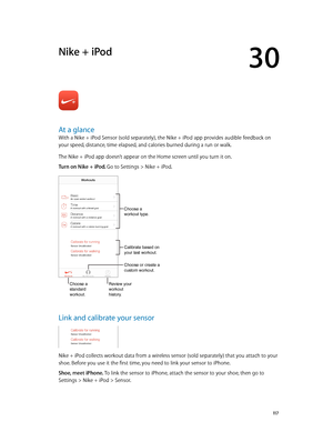 Page 11730
  11 7
Nike + iPod
At a glance
With a Nike + iPod Sensor (sold separately), the Nike + iPod app provides audible feedback on 
your speed, distance, time elapsed, and calories burned during a run or walk.
The Nike + iPod app doesn’t appear on the Home screen until you turn it on.
Turn on Nike + iPod. Go to Settings > Nike + iPod.
Choose a 
standard 
workout.Review your 
workout 
history.
Choose or create a
custom workout.
Calibrate based on 
your last workout.
Choose a 
workout type.
Link and calibrate...