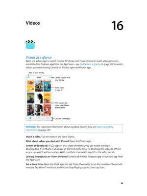 Page 8816
  88
Videos
Videos at a glance
Open the Videos app to watch movies, TV shows, and music videos. To watch video podcasts, 
install the free Podcasts app from the App Store—see Podcasts at a glance
 on page 11 9. To watch 
videos you record using Camera on iPhone, open the Photos app.
Choose a category.
Delete videos from 
your library.
Add to your library.
Tap a video 
to play it.
This means the 
video hasn’t been 
downloaded.
WARNING:  For importan t information about avoiding hearing loss, see...