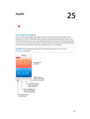 Page 12125
  121
Health
Your health at a glance
Use the Health app to keep track of your health and fitness information. Enter data for key 
parameters, or let the Health app collect data from other apps and devices that monitor your 
health and activity. You can even share specific data with selected apps, and through apps with 
some health care providers. And, Health can display important contact and medical information 
on the iPhone Lock screen for someone attending to you in an emergency.
WARNING:  iPhone...