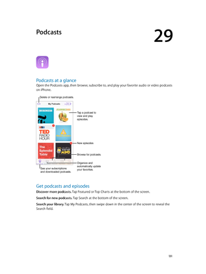 Page 13129
  131
Podcasts
Podcasts at a glance
Open the Podcasts app, then browse, subscribe to, and play your favorite audio or video podcasts 
on iPhone.
See your subscriptions
and downloaded podcasts.
Delete or rearrange podcasts. 
Tap a podcast to 
view and play 
episodes.
Organize and 
automatically update 
your favorites.
Browse for podcasts.
New episodes
Get podcasts and episodes
Discover more podcasts. Tap Featured or Top Charts at the bottom of the screen.
Search for new podcasts. Tap Search at the...