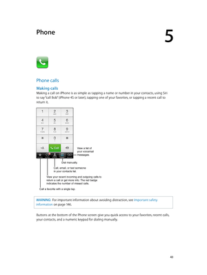 Page 435
  43
Phone
Phone calls
Making calls
Making a call on iPhone is as simple as tapping a name or number in your contacts, using Siri  
to say “call Bob” (iPhone 4S or later), tapping one of your favorites, or tapping a recent call to 
return it. 
Call a favorite with a single tap.
View your recent incoming and outgoing calls to 
return a call or get more info. The red badge 
indicates the number of missed calls.
Call, email, or text someone
in your contacts list.
Dial manually.
View a list of
your...