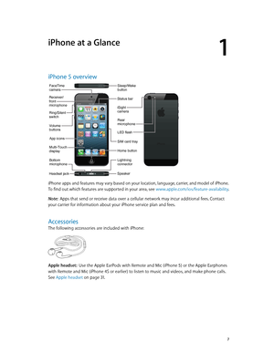 Page 71
  7
iPhone at a Glance
iPhone 5 overview
SIM card tray
Receiver/
front
microphone
Headset jack
Ring/Silent
switch
FaceTimecamera
Volume
buttons
Multi-Touch
displayHome button
Bottom
microphone
Sleep/Wakebutton
iSight
camera
LED flash
Rear
microphone
App icons
Status bar
Speaker
Lightning
connector
iPhone apps and features may vary based on your location, language, carrier, and model of iPhone.  
To find out which features are supported in your area, see  www.apple.com/ios/feature-availability.
Note:...