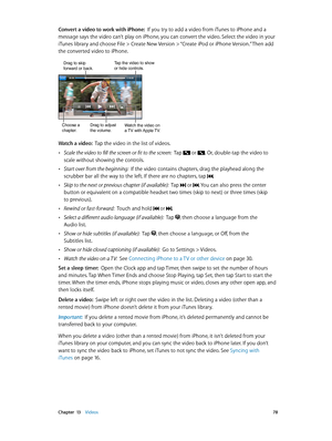 Page 78 Chapter  13    Videos 78
Convert a video to work with iPhone:  If you try to add a video from iTunes to iPhone and a 
message says the video can’t play on iPhone, you can convert the video. Select the video in your 
iTunes library and choose File > Create New Version > “Create iPod or iPhone Version.” Then add 
the converted video to iPhone.
Tap the video to show or hide controls.
Watch the video on
a TV with Apple TV.
Drag to skipforward or back.
Choose a
chapter.Drag to adjust
the volume.
Watch a...