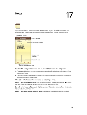 Page 8617
  86
Notes
Type notes on iPhone, and iCloud makes them available on your other iOS devices and Mac 
computers. You can also read and create notes in other accounts, such as Gmail or Yahoo!.
Tap the note to edit it.
Delete the note.
Email or print 
the note.
Add a new note.
View the list of notes.
View the previous or next note.
Use iCloud to keep your notes up to date on your iOS devices and Mac computers:
 •If you use an icloud.com, me.com, or mac.com email address for iCloud:  Go to Settings >...