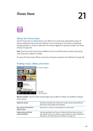 Page 115iTunes Store
21
About the iTunes Store
Use the iTunes Store to add content to your iPhone. You can browse and purchase music, TV 
shows, audiobooks, alert tones, and ringtones. You can also buy or rent movies, or download 
and play podcasts or iTunes U collections. You need an Apple ID to purchase content. See “Store 
settings
”  on page 12 2 .
Note:   The iTunes Store may not be available in all areas, and iTunes Store content may vary by 
area. Features are subject to change.
To access the iTunes...