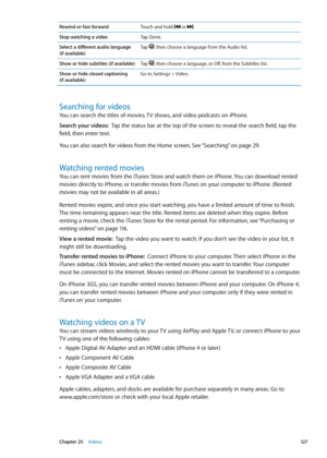 Page 127Rewind or fast forwardTouch and hold  or .
Stop watching a videoTap Done.
Select a different audio language  
(if available) Tap 
, then choose a language from the Audio list.
Show or hide subtitles (if available)
Tap , then choose a language, or Off, from the Subtitles list.
Show or hide closed captioning  
(if available)Go to Settings > Video.
Searching for videos
You can search the titles of movies, TV shows, and video podcasts on iPhone.
Search your videos:
  Tap the status bar at the top of the...