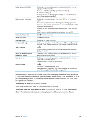 Page 139Add or remove a highlightDouble-tap a word, use the grab points to adjust the selection, then tap 
Highlight and choose a color. 
To remove a highlight, tap the highlighted text, then tap 
. 
To underline words, tap . 
To change the color, tap the highlighted text, tap the current color, then 
select a new color from the menu.
Add, remove, or edit a note Double-tap a word, tap Highlight, then choose 
 from the menu that 
appears.
To view a note, tap the indicator in the margin near the highlighted text....