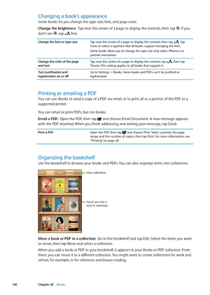 Page 140Changing a book’s appearance
Some books let you change the type size, font, and page color.
Change the brightness:  Tap near the center of a page to display the controls, then tap 
. If you 
don’t see , tap  first.
Change the font or type sizeTap near the center of a page to display the controls, then tap . Tap 
Fonts to select a typeface. Not all books support changing the font.
Some books allow you to change the type size only when iPhone is in 
portrait orientation.
Change the color of the page  
and...