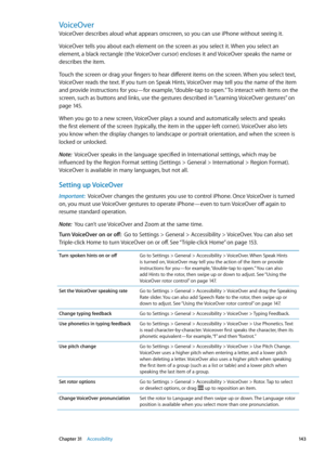 Page 143VoiceOver
VoiceOver describes aloud what appears onscreen, so you can use iPhone without seeing it.
VoiceOver tells you about each element on the screen as you select it. When you select an 
element, a black rectangle (the VoiceOver cursor) encloses it and VoiceOver speaks the name or 
describes the item.
Touch the screen or drag your fingers to hear different items on the screen. When you select text, 
VoiceOver reads the text. If you turn on Speak Hints, VoiceOver may tell you the name of the item 
and...