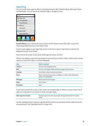 Page 29Searching
You can search many apps on iPhone, including Contacts, Mail, Calendar, Music, Messages, Notes, 
and Reminders. You can search an individual app, or all apps at once.
Search iPhone:  Go to the Search screen. (From the first Home screen, flick right or press the 
Home button 
.) Enter text in the Search field.
Search results appear as you type. Tap an item in the list to open it. Tap Search to dismiss the 
keyboard and see more results.
Icons next to the search results show which app the results...