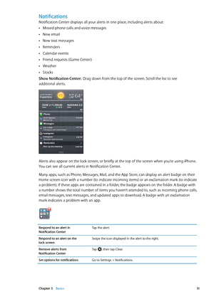 Page 31Notifications
Notification Center displays all your alerts in one place, including alerts about:Missed phone calls and voice messages
 Â
New email Â
New text messages Â
Reminders Â
Calendar events Â
Friend requests (Game Center) Â
Weather Â
Stocks Â
Show Notification Center:   Drag down from the top of the screen. Scroll the list to see  
additional alerts.
Alerts also appear on the lock screen, or briefly at the top of the screen when you’re using iPhone. 
You can see all current alerts in Notification...