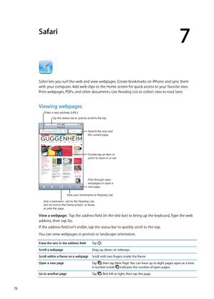 Page 72Safari
7
Safari lets you surf the web and view webpages. Create bookmarks on iPhone and sync them  
with your computer. Add web clips to the Home screen for quick access to your favorite sites.   
Print webpages, PDFs, and other documents. Use Reading List to collect sites to read later.
Viewing webpages
Search the web and
the current page.
Flick through open 
webpages or open a
new page.
Double-tap an item or 
pinch to zoom in or out.
Enter a web address (URL).
Add a bookmark, add to the Reading List,...