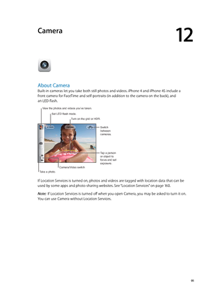 Page 91Camera
12
About Camera
Built-in cameras let you take both still photos and videos. iPhone 4 and iPhone 4S include a  
front camera for FaceTime and self-portraits (in addition to the camera on the back), and   
an LED flash. 
Tap a person 
or object to 
focus and set 
exposure. Switch 
between 
cameras.
Take a photo.
Camera/Video switch
View the photos and videos you’ve taken.
Set LED flash mode.
Turn on the grid or HDR.
If Location Services is turned on, photos and videos are tagged with location data...