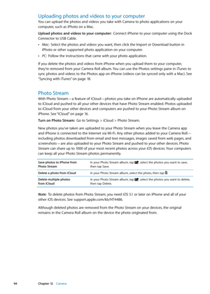 Page 94Uploading photos and videos to your computer
You can upload the photos and videos you take with Camera to photo applications on your 
computer, such as iPhoto on a Mac.
Upload photos and videos to your computer:  Connect iPhone to your computer using the Dock 
Connector to USB Cable.
 ÂMac:  Select the photos and videos you want, then click the Import or Download button in 
iPhoto or other supported photo application on your computer.
 ÂPC:  Follow the instructions that came with your photo application....