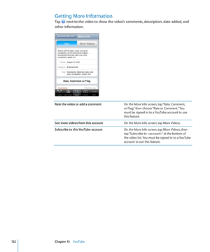 Page 132Getting More Information
Tap  next to the video to show the video’s comments, description, date added, and 
other information.
Rate the video or add a commentOn the More Info screen, tap “Rate, Comment,  
or Flag,” then choose “Rate or Comment.” You 
must be signed in to a YouTube account to use 
this feature.
See more videos from this account On the More Info screen, tap More Videos.
Subscribe to this YouTube account On the More Info screen, tap More Videos, then 
tap “Subscribe to ” at the bottom of...