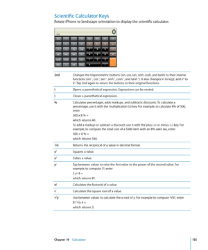 Page 155Scientific Calculator Keys
Rotate iPhone to landscape orientation to display the scientific calculator.
2ndChanges the trigonometric buttons (sin, cos, tan, sinh, cosh, and tanh) to their inverse 
functions (sin-1, cos-1, tan-1, sinh-1, cosh-1, and tanh-1). It also changes ln to log2, and ex to 
2x. Tap 2nd again to return the buttons to their original functions.
( Opens a parenthetical expression. Expressions can be nested.
) Closes a parenthetical expression.
% Calculates percentages, adds markups, and...