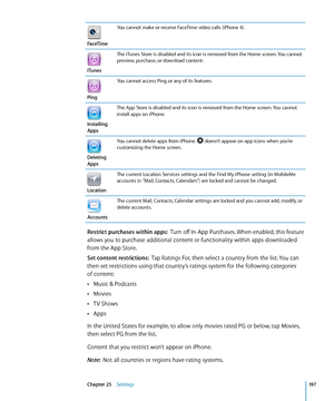 Page 197FaceTime
You cannot make or receive FaceTime video calls (iPhone 4).
iTunes
The iTunes Store is disabled and its icon is removed from the Home screen. You cannot 
preview, purchase, or download content.
Ping
You cannot access Ping or any of its features.
Installing 
AppsThe App Store is disabled and its icon is removed from the Home screen. You cannot 
install apps on iPhone.
Deleting 
AppsYou cannot delete apps from iPhone. 
 doesn’t appear on app icons when you’re 
customizing the Home screen....